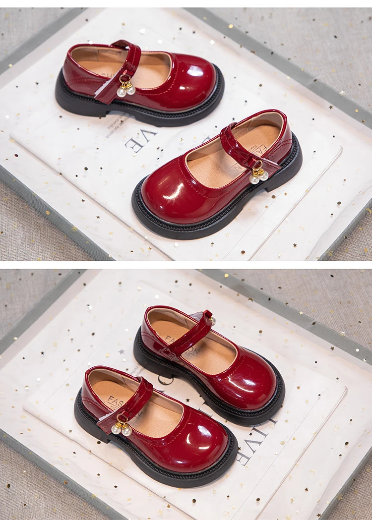 Girls Chic Leather Shoes Princess Sweet Black Mary Janes with Pearl Pendant for Wedding Party Back To School Dress Flats 26-36