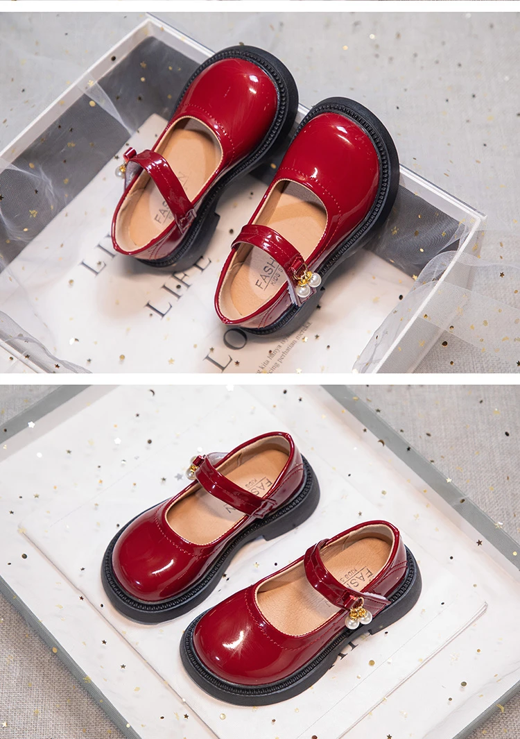 Girls Chic Leather Shoes Princess Sweet Black Mary Janes with Pearl Pendant for Wedding Party Back To School Dress Flats 26-36
