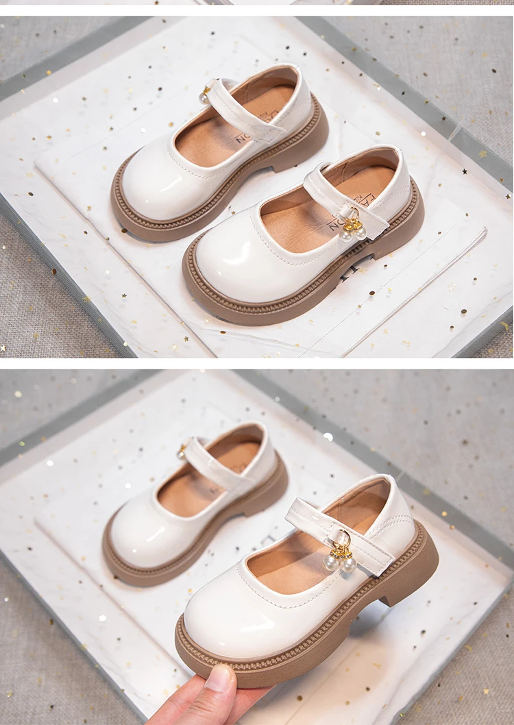 Girls Chic Leather Shoes Princess Sweet Black Mary Janes with Pearl Pendant for Wedding Party Back To School Dress Flats 26-36