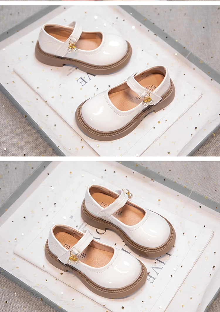 Girls Chic Leather Shoes Princess Sweet Black Mary Janes with Pearl Pendant for Wedding Party Back To School Dress Flats 26-36