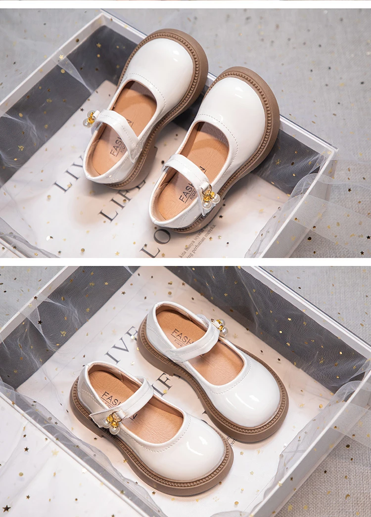 Girls Chic Leather Shoes Princess Sweet Black Mary Janes with Pearl Pendant for Wedding Party Back To School Dress Flats 26-36