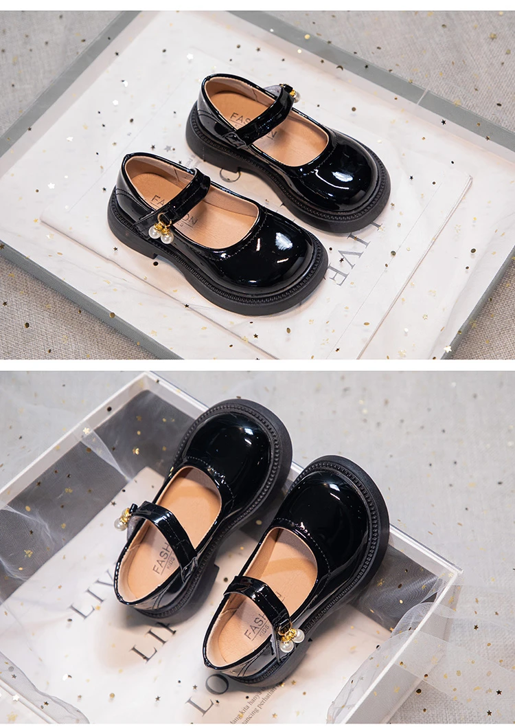 Girls Chic Leather Shoes Princess Sweet Black Mary Janes with Pearl Pendant for Wedding Party Back To School Dress Flats 26-36