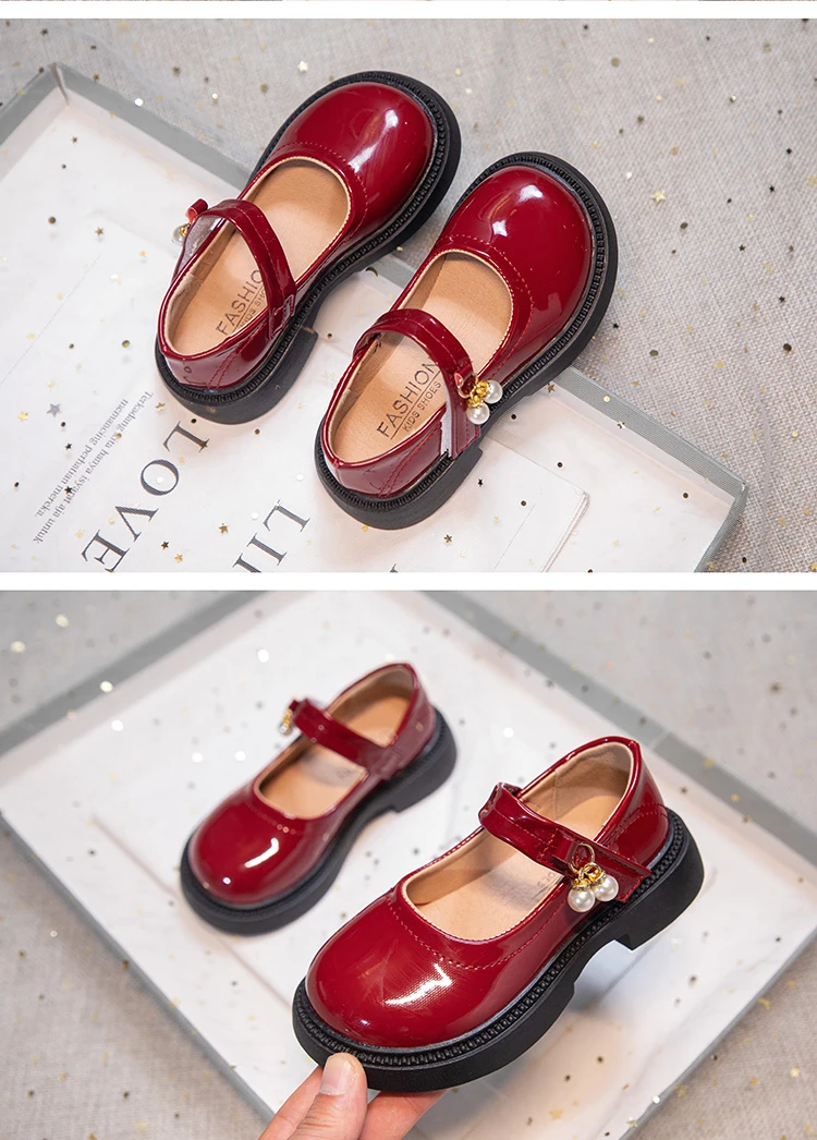 Girls Chic Leather Shoes Princess Sweet Black Mary Janes with Pearl Pendant for Wedding Party Back To School Dress Flats 26-36