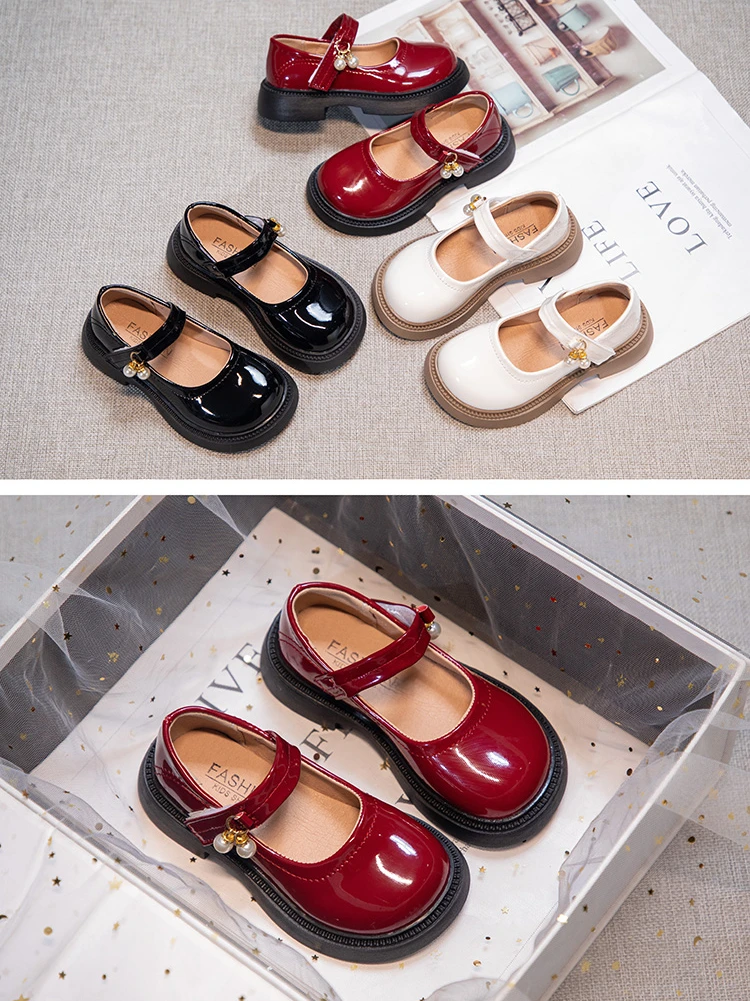 Girls Chic Leather Shoes Princess Sweet Black Mary Janes with Pearl Pendant for Wedding Party Back To School Dress Flats 26-36