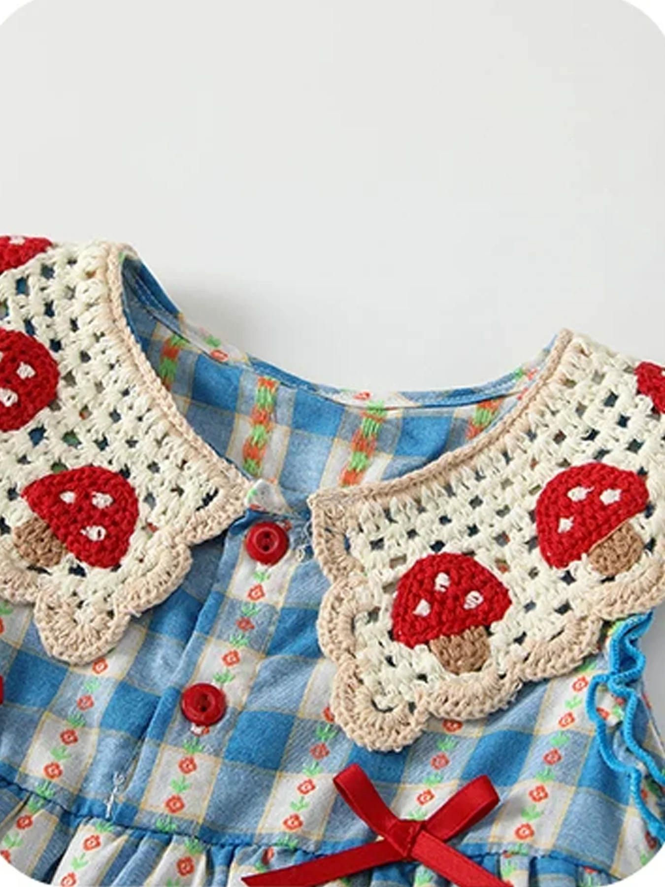 Crocheted Blue-and-White Checkered Sleeveless Rompers with Mushroom Collar and Bow for Baby Girls—Spring/Summer Style