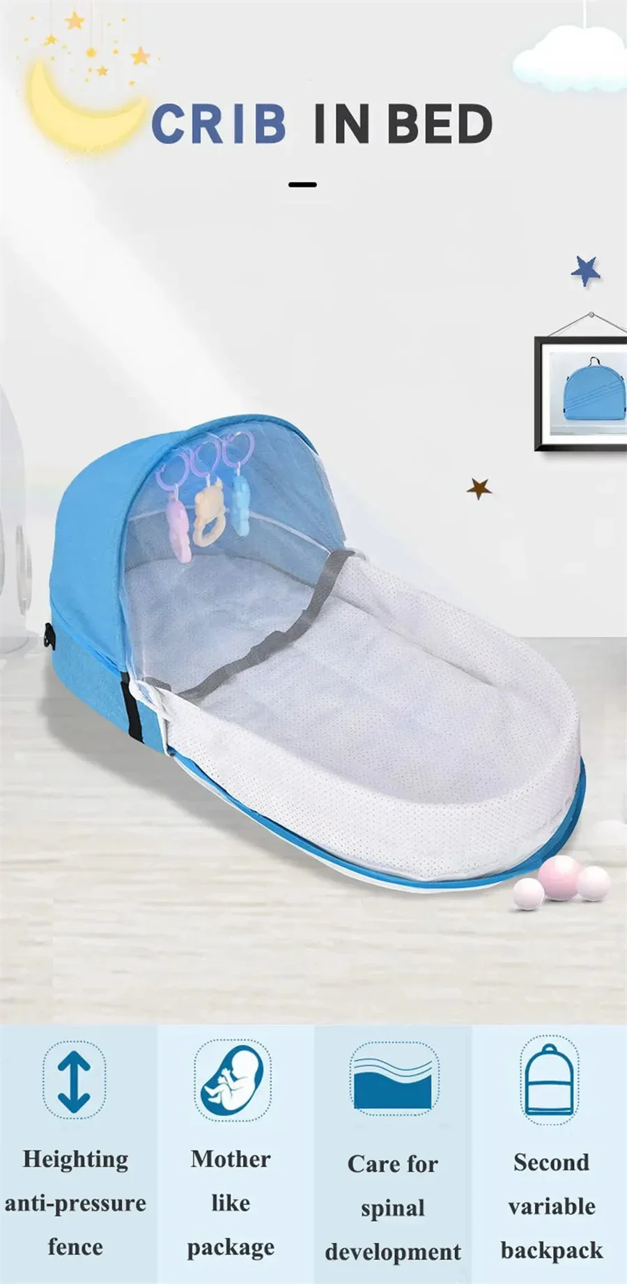 Baby Bed Convenient Folding Anti Pressure Baby Crib with Net and Awning Newborn Isolation Biomimetic Outdoor Travel Baby Crib
