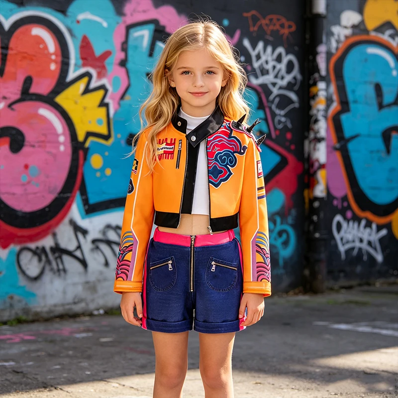 Girls Street Style Cosplay Costume Set 3D Printed Cropped Jacket Shorts For Halloween Birthday Party Role Play