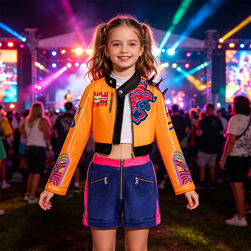 Girls Street Style Cosplay Costume Set 3D Printed Cropped Jacket Shorts For Halloween Birthday Party Role Play