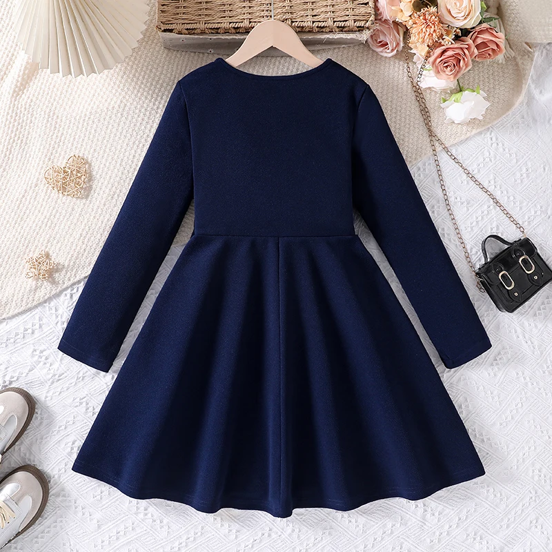 Girls 8-12 Navy Fit & Flare Dress, Front Button Trim & Plain Back, Casual Daily Dress