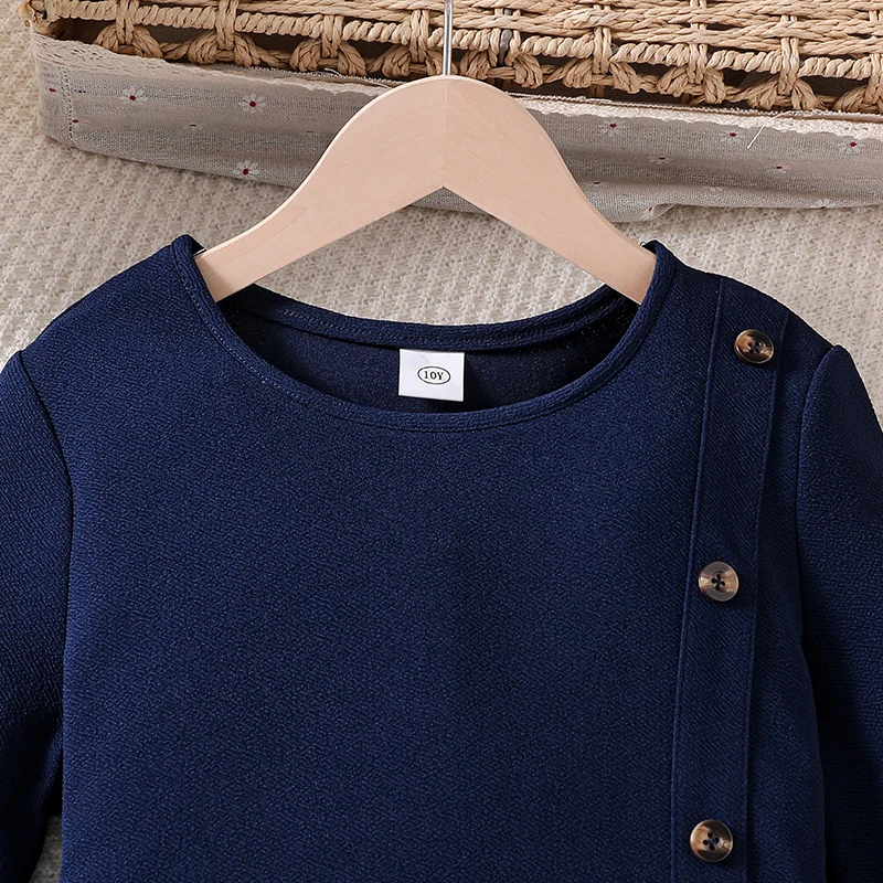 Girls 8-12 Navy Fit & Flare Dress, Front Button Trim & Plain Back, Casual Daily Dress