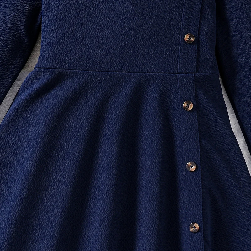 Girls 8-12 Navy Fit & Flare Dress, Front Button Trim & Plain Back, Casual Daily Dress