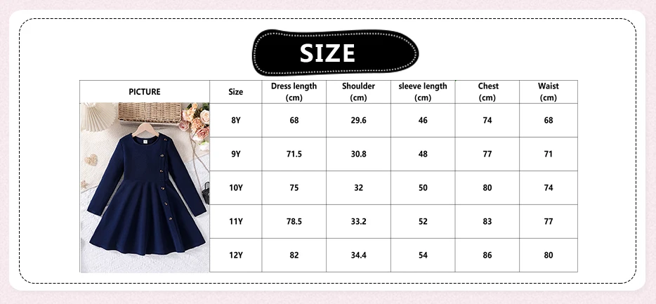 Girls 8-12 Navy Fit & Flare Dress, Front Button Trim & Plain Back, Casual Daily Dress