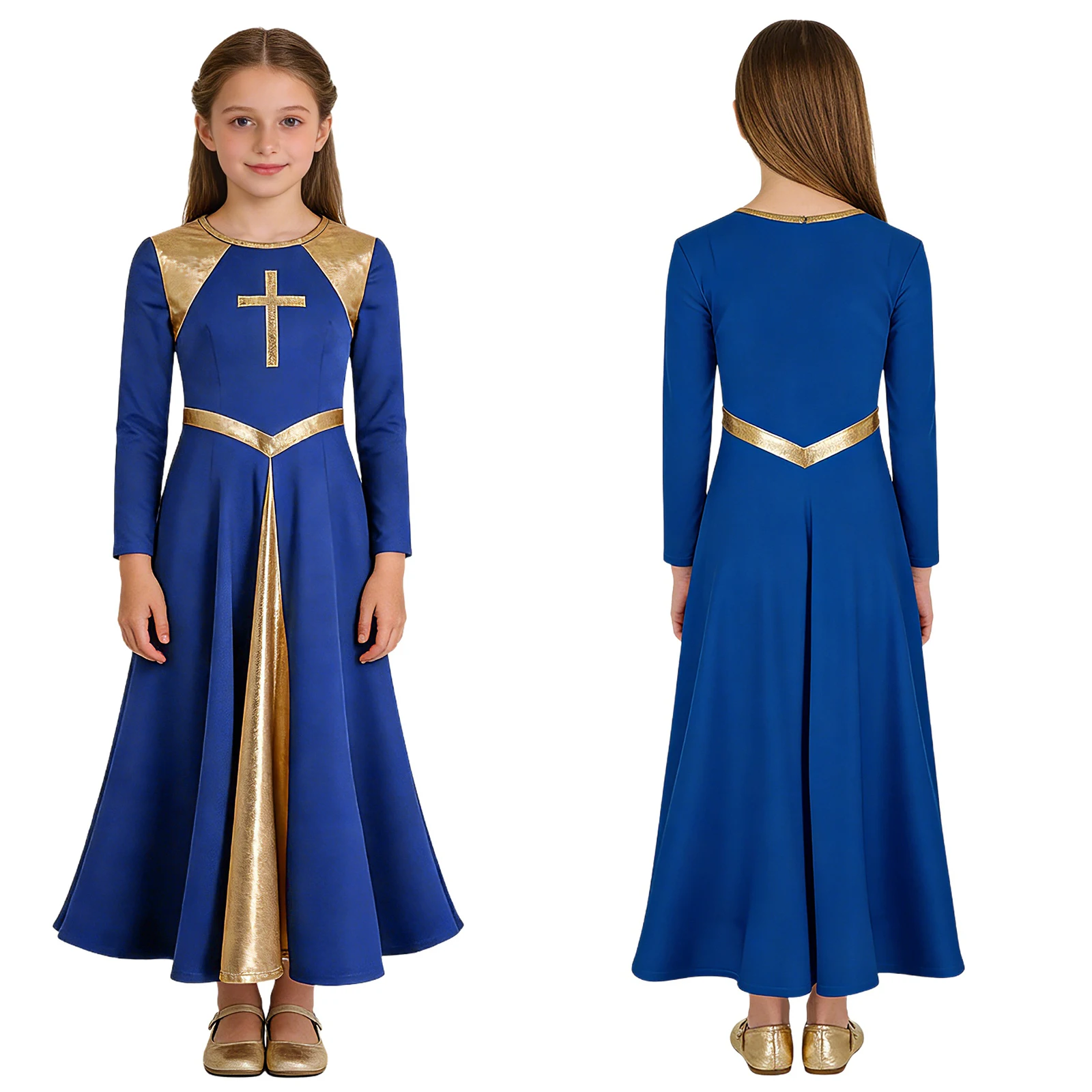 Girl Metallic Liturgical Praise Dance Dress Gold Cross Pattern Church Celebration of Spirit Praise Stage Performance Dancewear