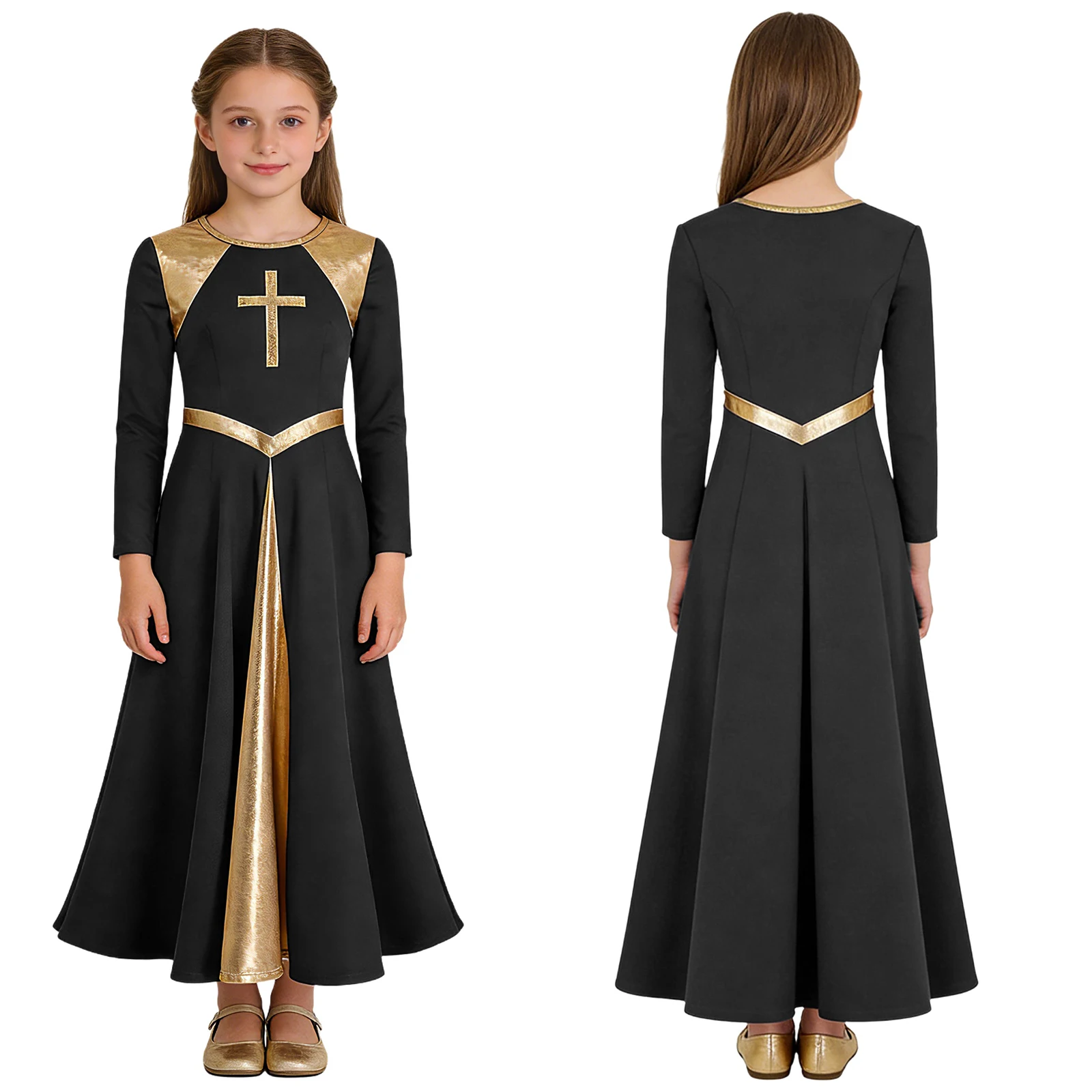 Girl Metallic Liturgical Praise Dance Dress Gold Cross Pattern Church Celebration of Spirit Praise Stage Performance Dancewear