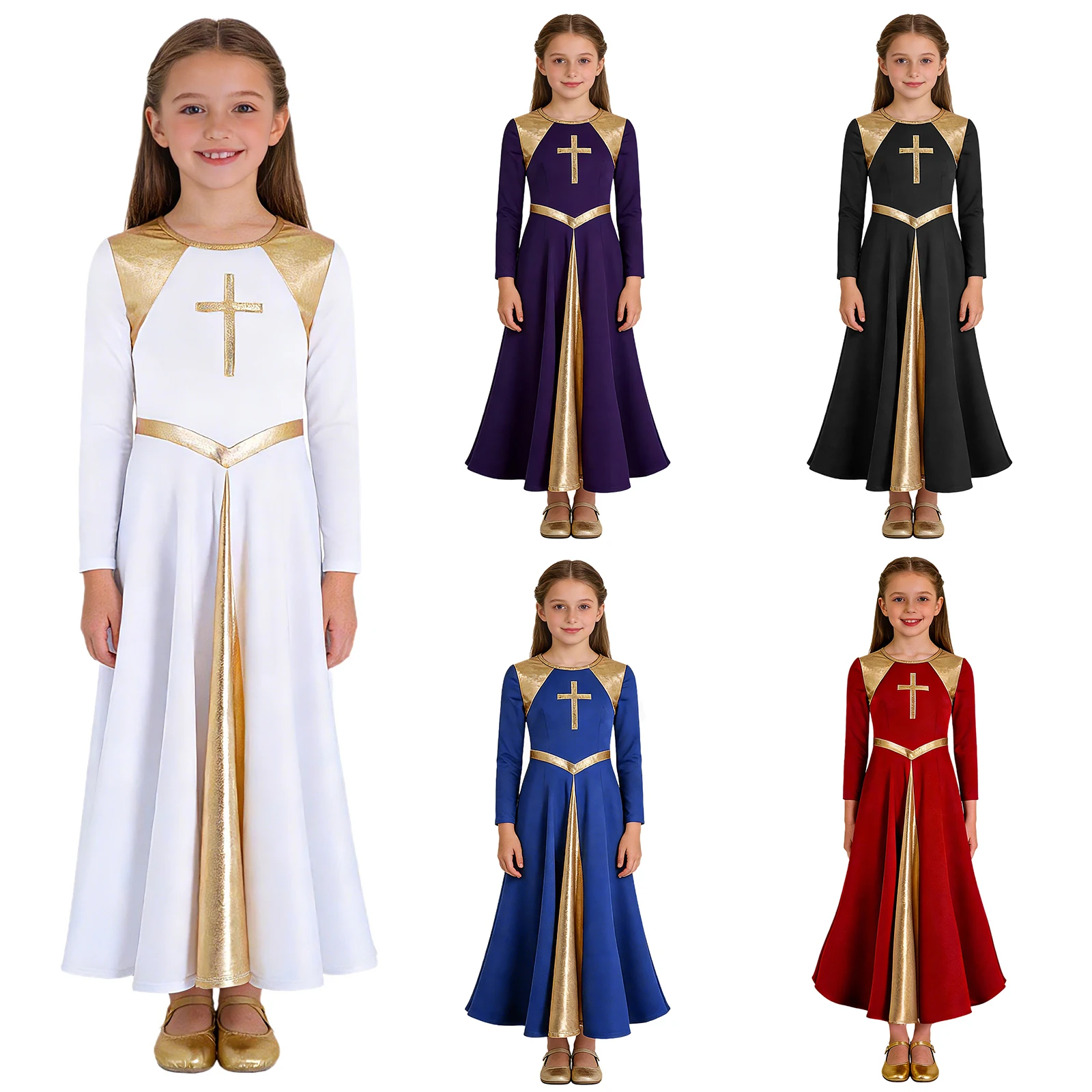 Girl Metallic Liturgical Praise Dance Dress Gold Cross Pattern Church Celebration of Spirit Praise Stage Performance Dancewear