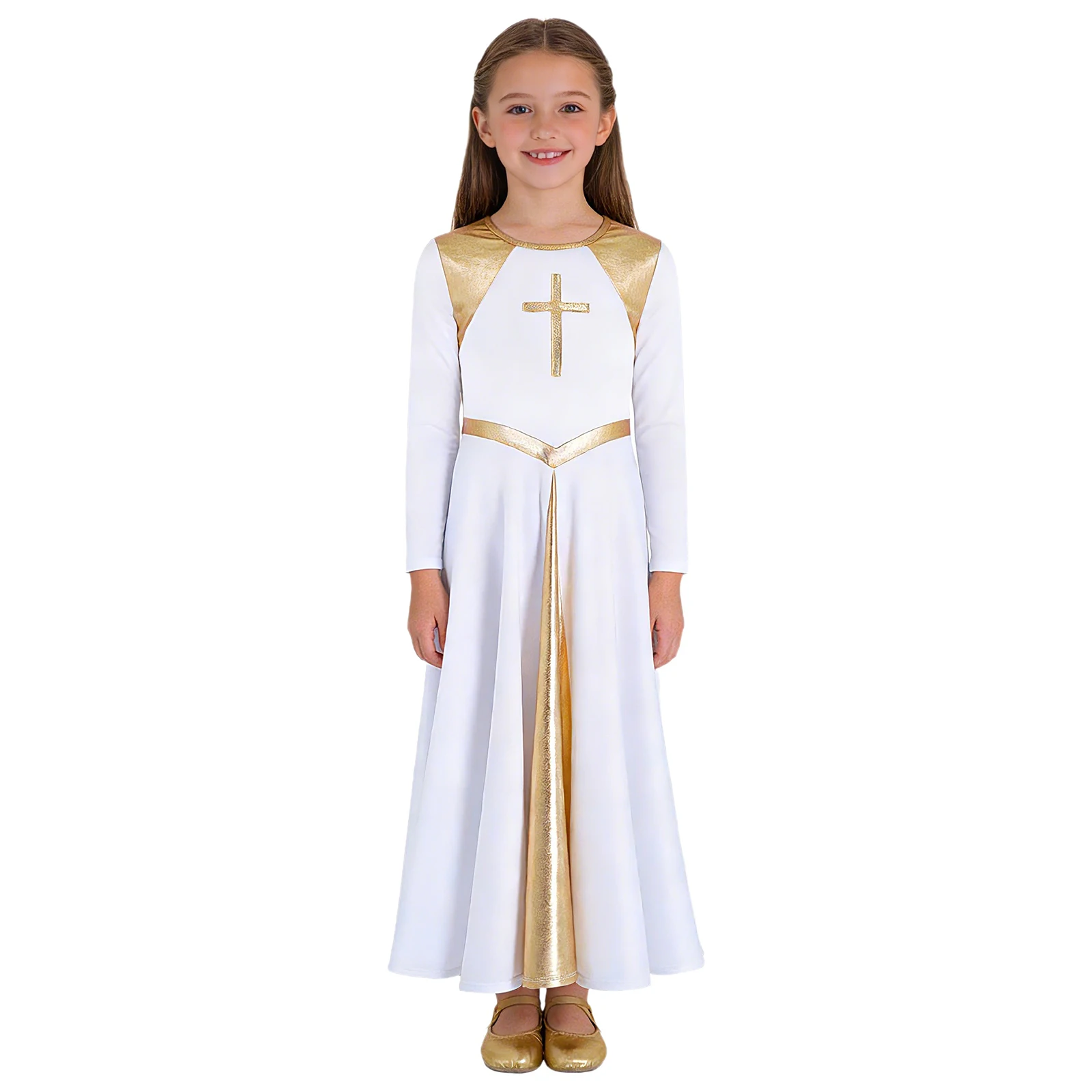 Girl Metallic Liturgical Praise Dance Dress Gold Cross Pattern Church Celebration of Spirit Praise Stage Performance Dancewear