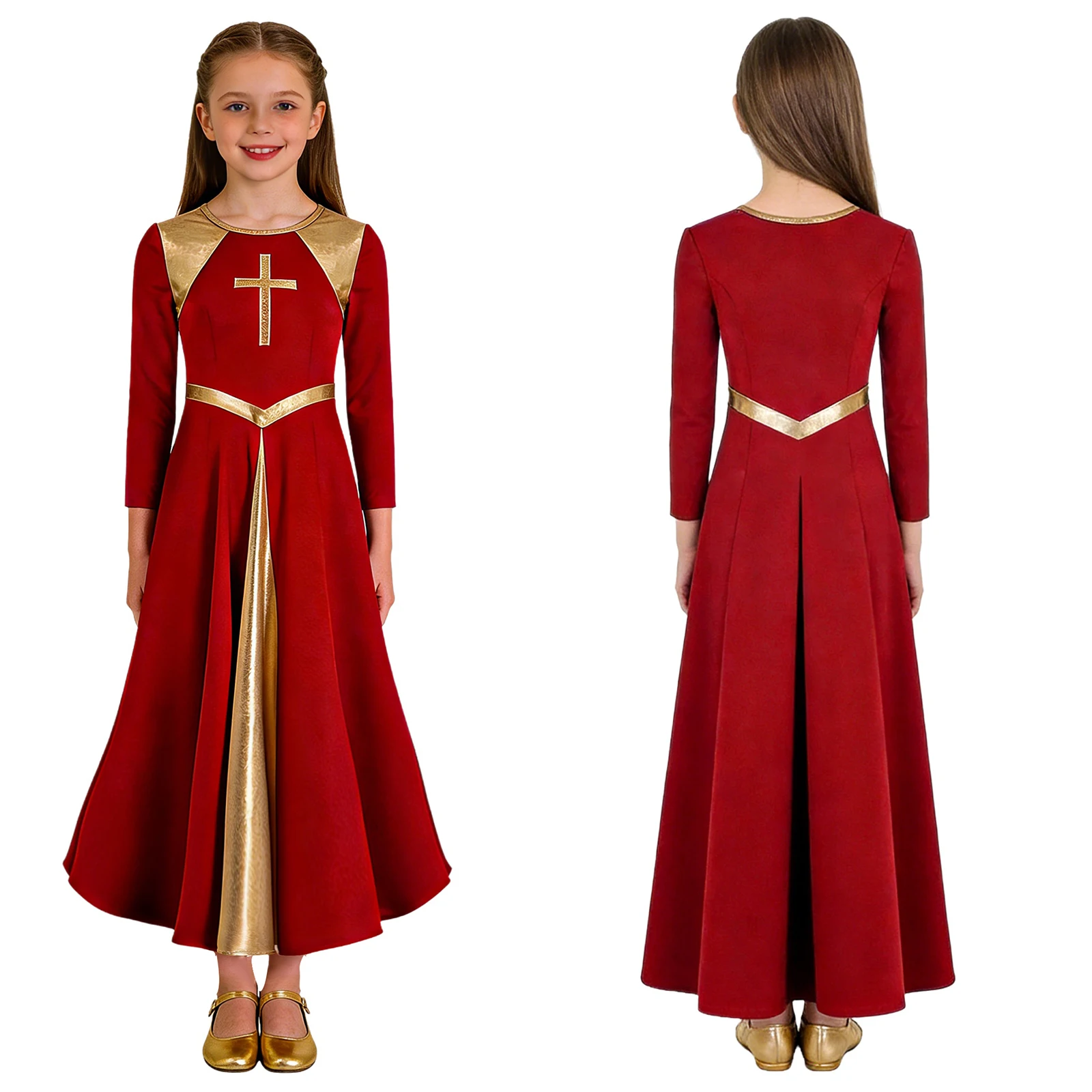 Girl Metallic Liturgical Praise Dance Dress Gold Cross Pattern Church Celebration of Spirit Praise Stage Performance Dancewear