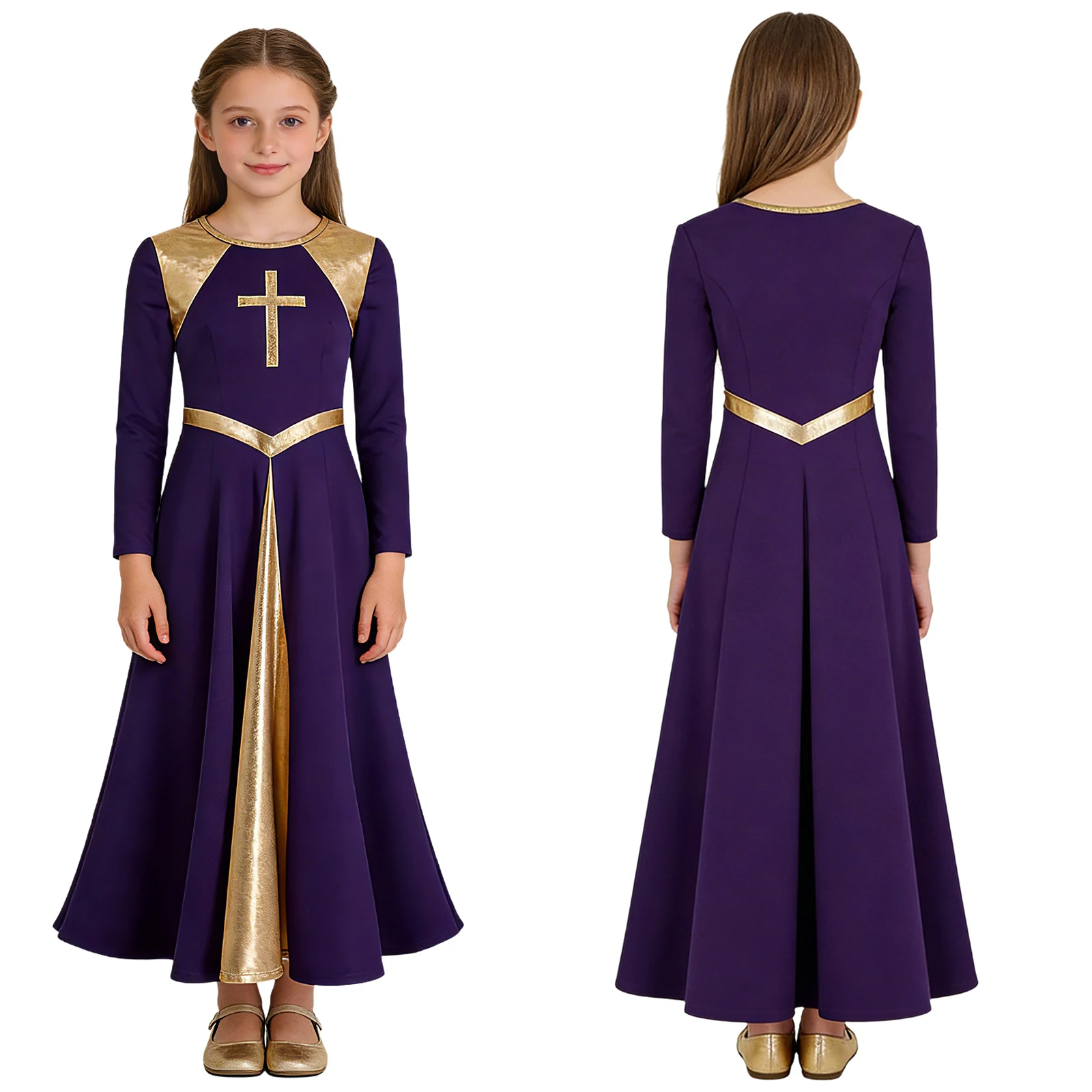 Girl Metallic Liturgical Praise Dance Dress Gold Cross Pattern Church Celebration of Spirit Praise Stage Performance Dancewear