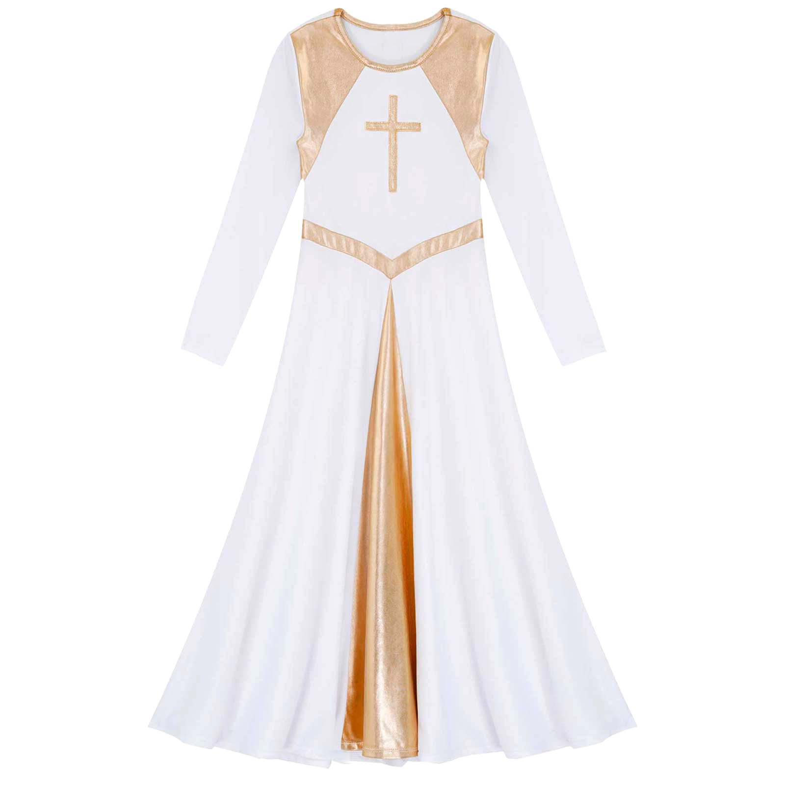Girl Metallic Liturgical Praise Dance Dress Gold Cross Pattern Church Celebration of Spirit Praise Stage Performance Dancewear