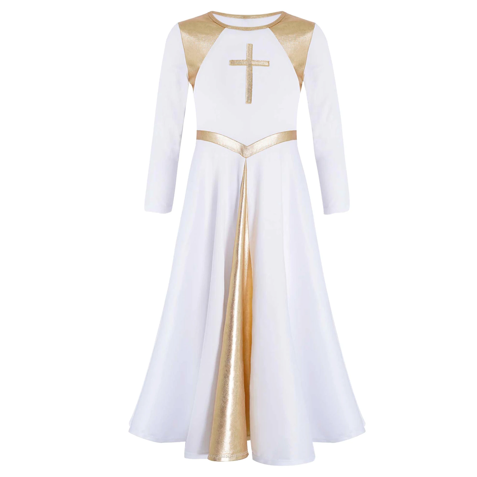 Girl Metallic Liturgical Praise Dance Dress Gold Cross Pattern Church Celebration of Spirit Praise Stage Performance Dancewear