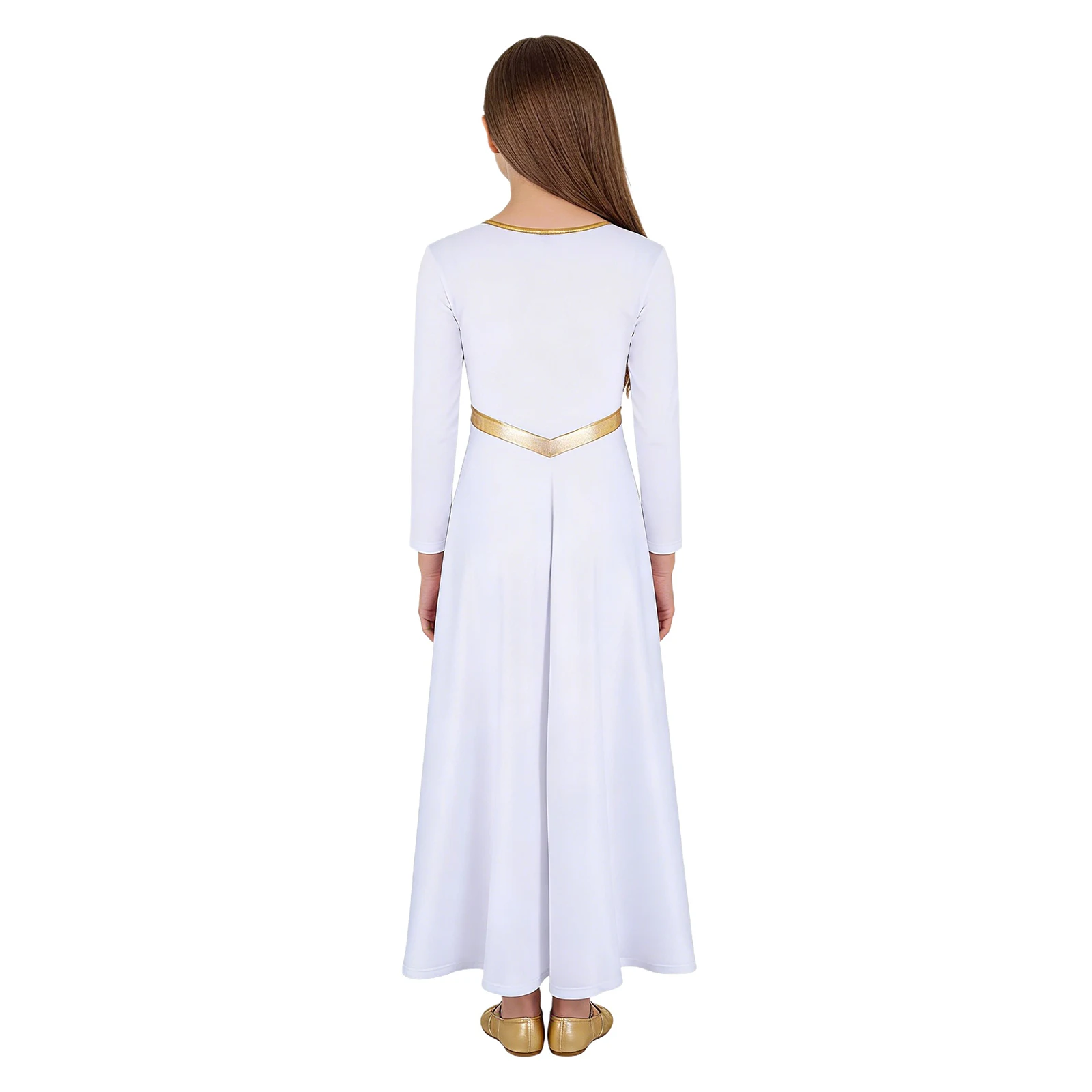 Girl Metallic Liturgical Praise Dance Dress Gold Cross Pattern Church Celebration of Spirit Praise Stage Performance Dancewear