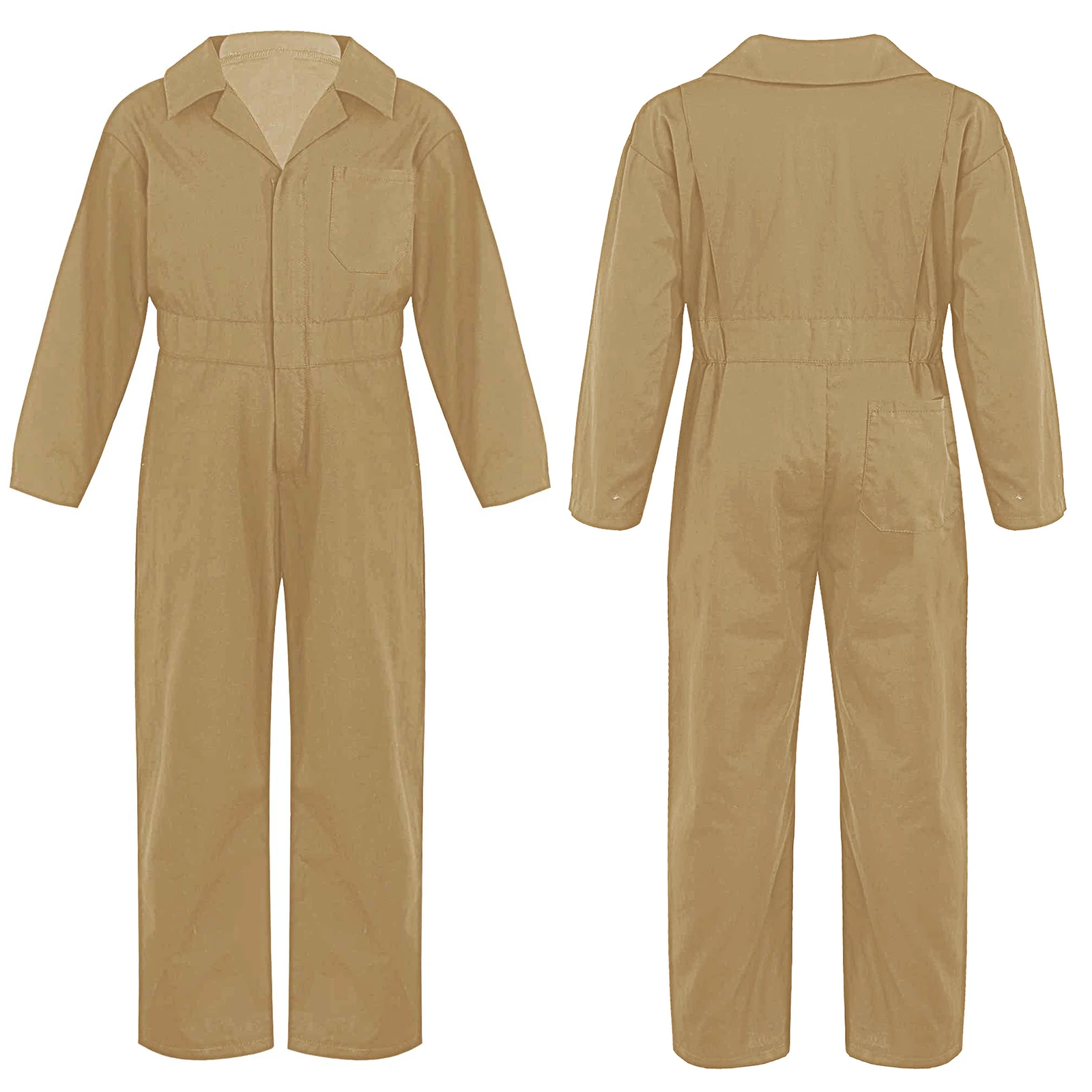 Children Solid Color Coverall Jumpsuit Mechanic Coveralls Boiler Suit Flight Suit Stylish Long Sleeve Zipper Bodysuit Overalls