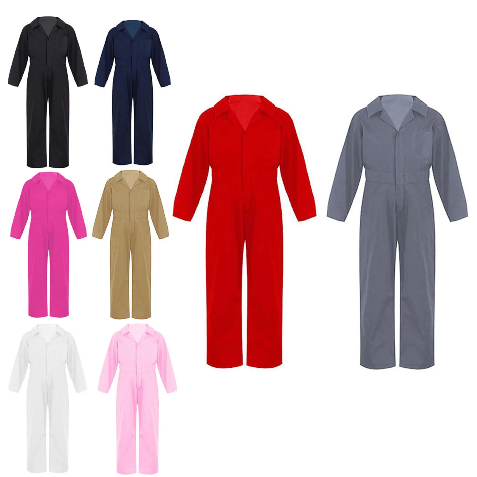 Children Solid Color Coverall Jumpsuit Mechanic Coveralls Boiler Suit Flight Suit Stylish Long Sleeve Zipper Bodysuit Overalls