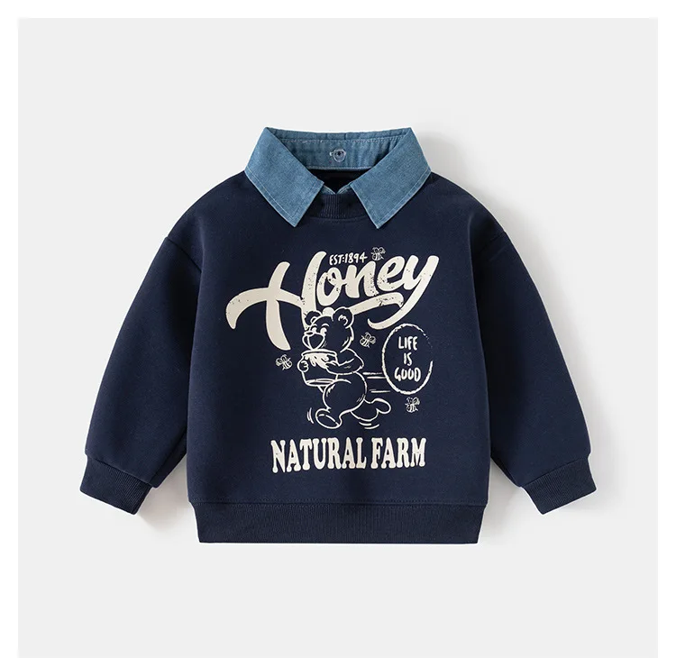 Spring New Children Clothes Korean Style Boys Fake Two Piece Sweatshirt Detachable Collar Cartoon Printed Long Sleeve Top