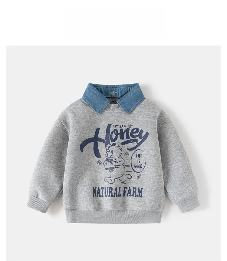 Spring New Children Clothes Korean Style Boys Fake Two Piece Sweatshirt Detachable Collar Cartoon Printed Long Sleeve Top