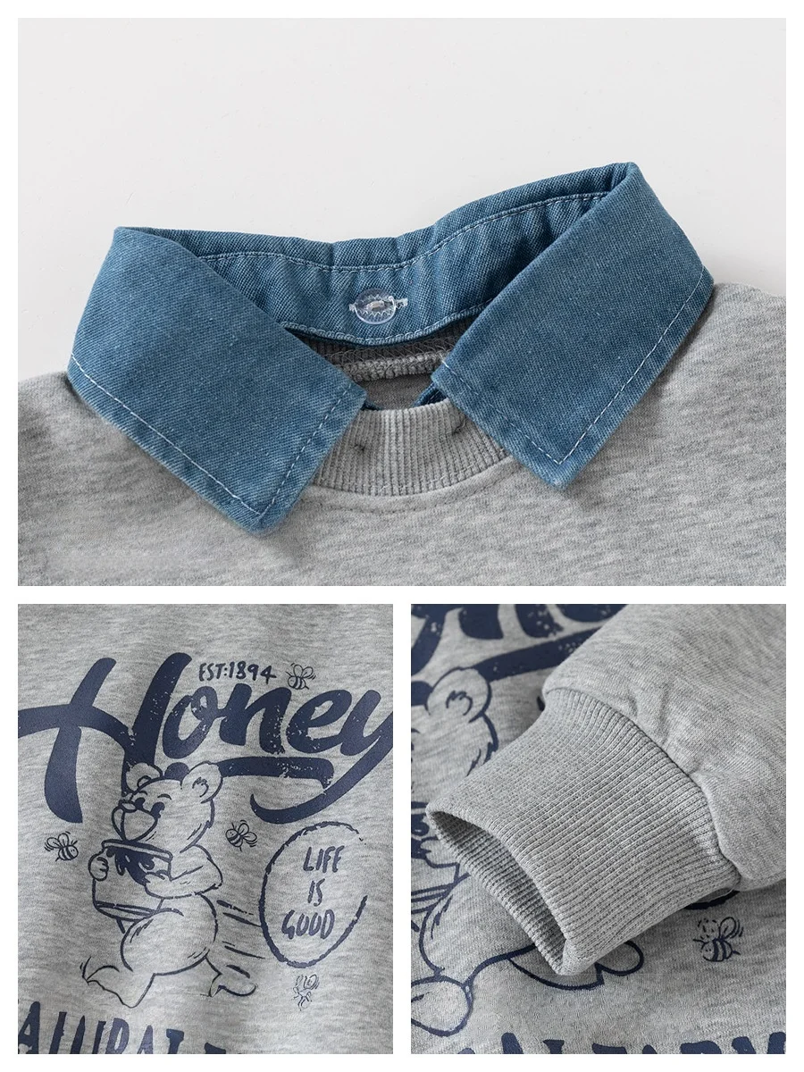Spring New Children Clothes Korean Style Boys Fake Two Piece Sweatshirt Detachable Collar Cartoon Printed Long Sleeve Top