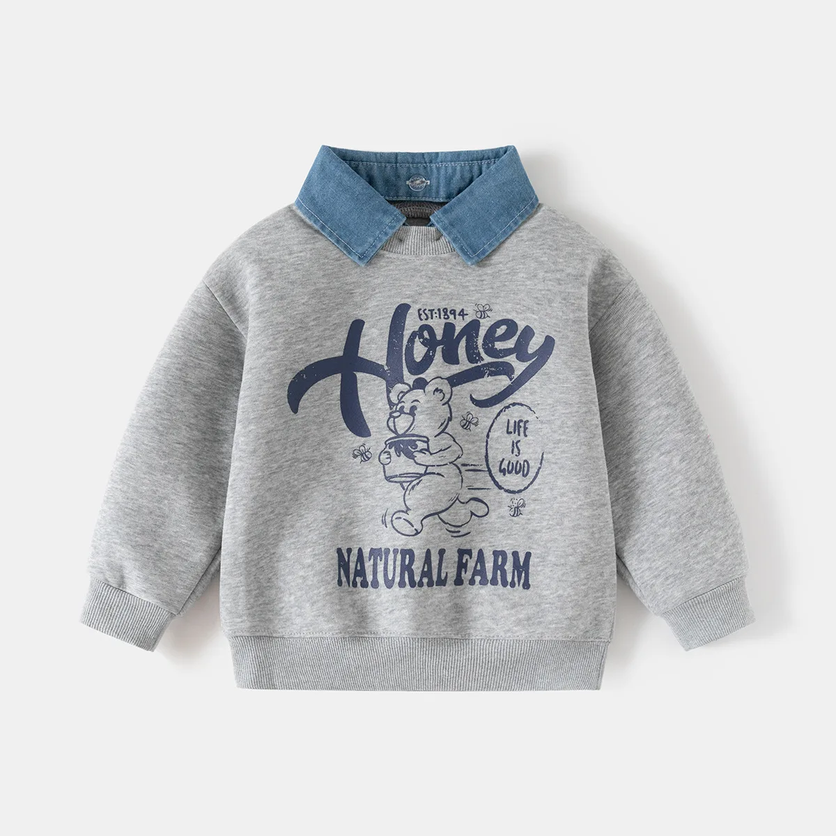 Spring New Children Clothes Korean Style Boys Fake Two Piece Sweatshirt Detachable Collar Cartoon Printed Long Sleeve Top