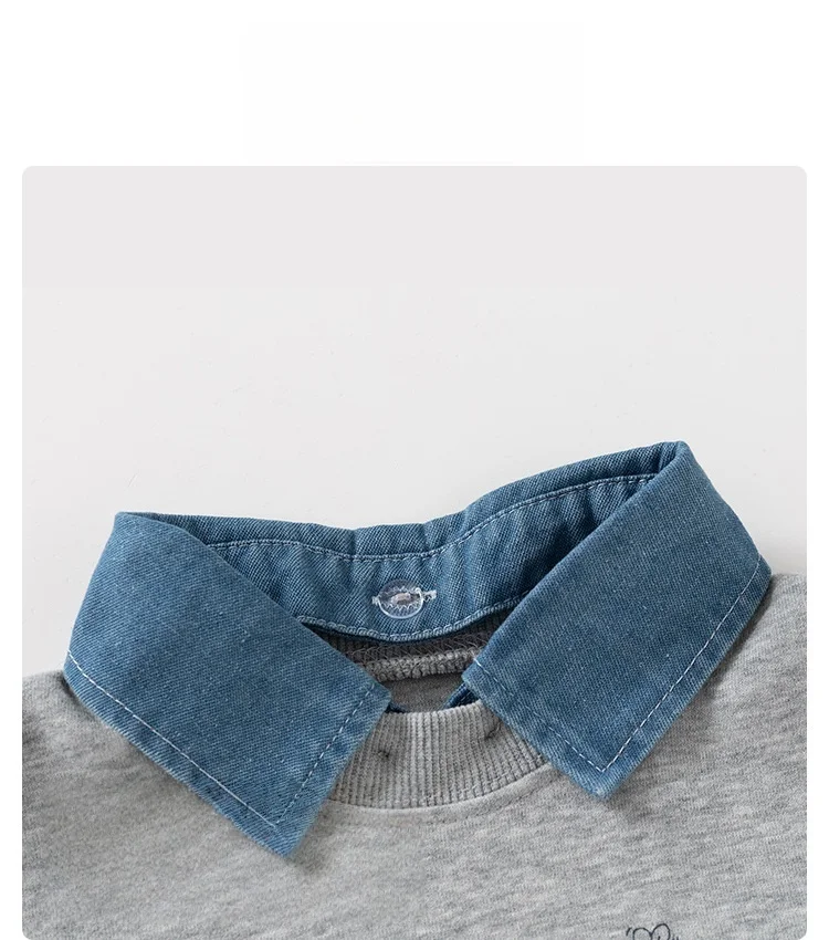 Spring New Children Clothes Korean Style Boys Fake Two Piece Sweatshirt Detachable Collar Cartoon Printed Long Sleeve Top