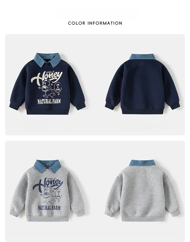 Spring New Children Clothes Korean Style Boys Fake Two Piece Sweatshirt Detachable Collar Cartoon Printed Long Sleeve Top