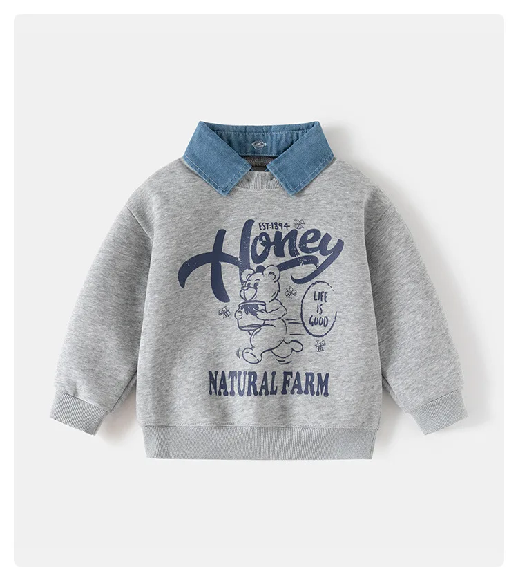 Spring New Children Clothes Korean Style Boys Fake Two Piece Sweatshirt Detachable Collar Cartoon Printed Long Sleeve Top