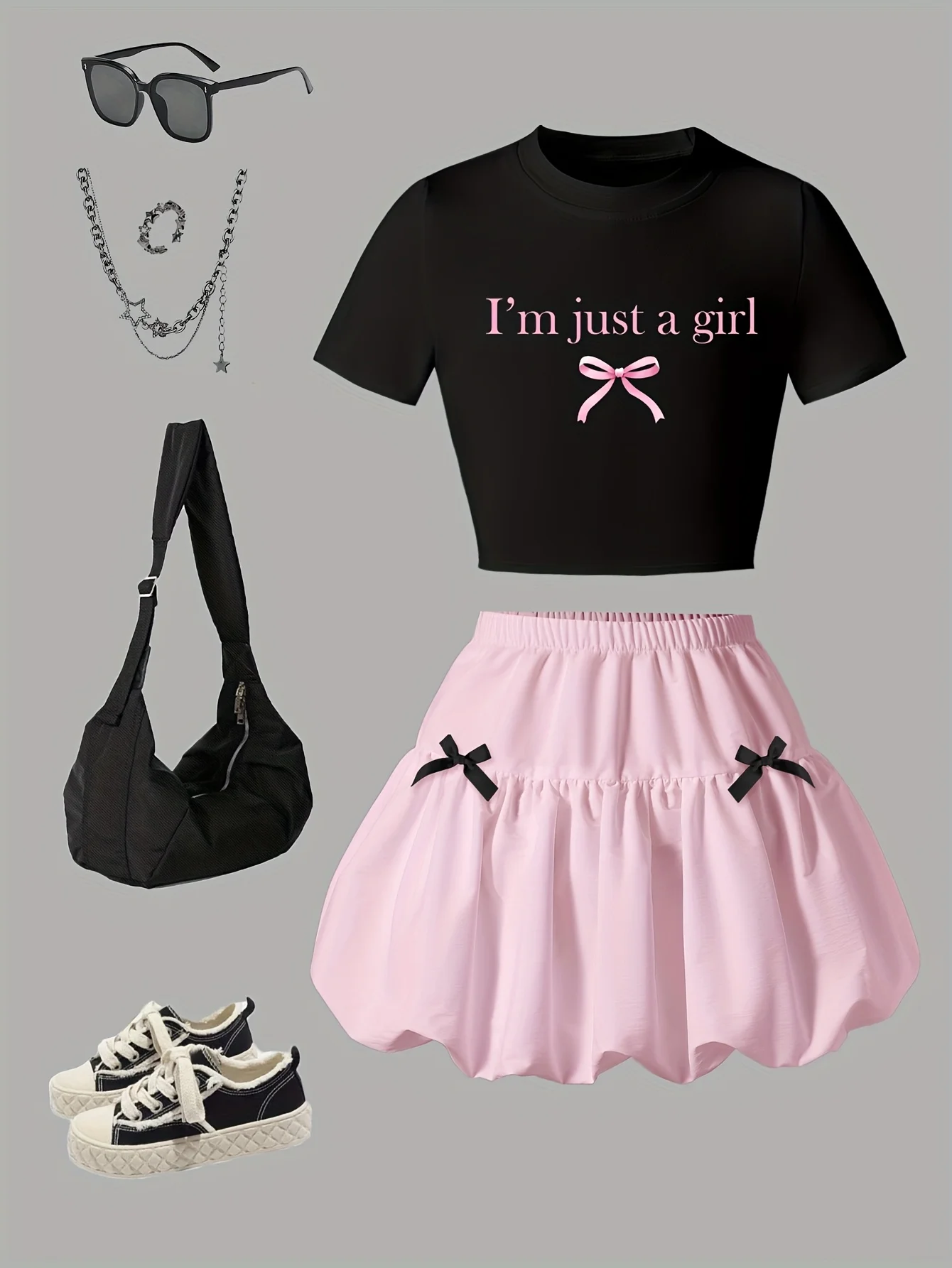 Girls' Summer Casual Outfit: Bow Print Short-Sleeve Top and Lantern Skirt Two-Piece Set in Pink and Black, Fashionable and Versatile, Suitable for 8-12 Year Old Children, Home and Outing Wear