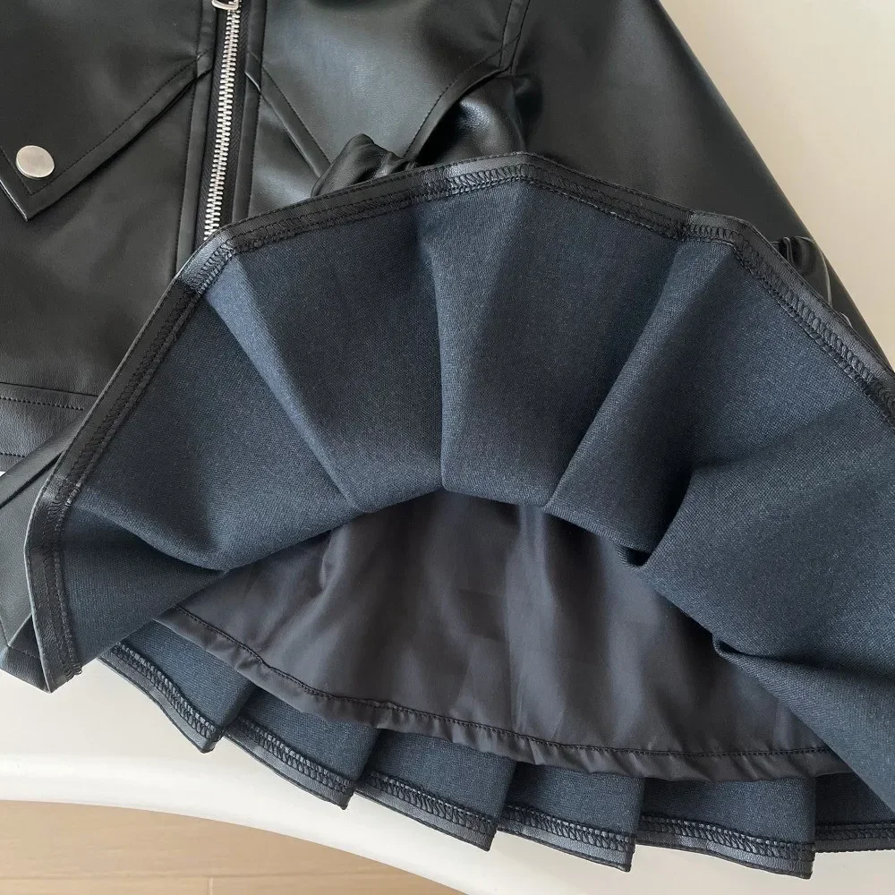 Autumn New Solid Color Girls' Fashion Suit Collar Leather Jacket Zipper Coat+pleated Skirt Two Piece Set Korean Version