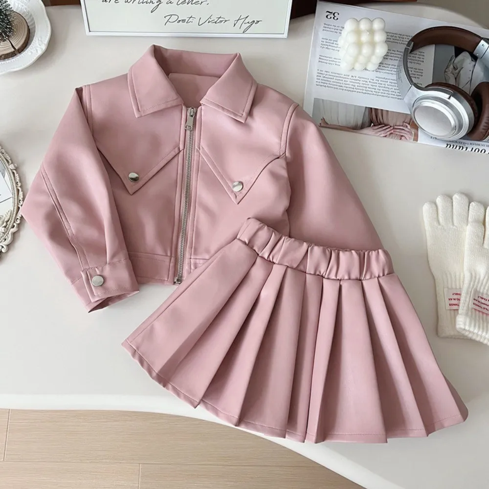 Autumn New Solid Color Girls' Fashion Suit Collar Leather Jacket Zipper Coat+pleated Skirt Two Piece Set Korean Version
