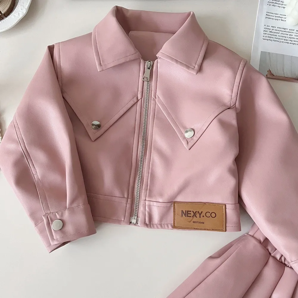 Autumn New Solid Color Girls' Fashion Suit Collar Leather Jacket Zipper Coat+pleated Skirt Two Piece Set Korean Version