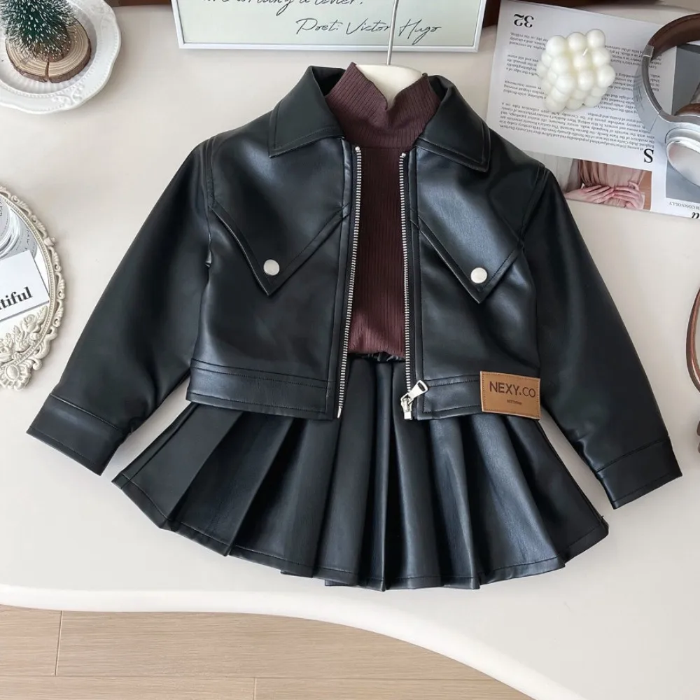 Autumn New Solid Color Girls' Fashion Suit Collar Leather Jacket Zipper Coat+pleated Skirt Two Piece Set Korean Version