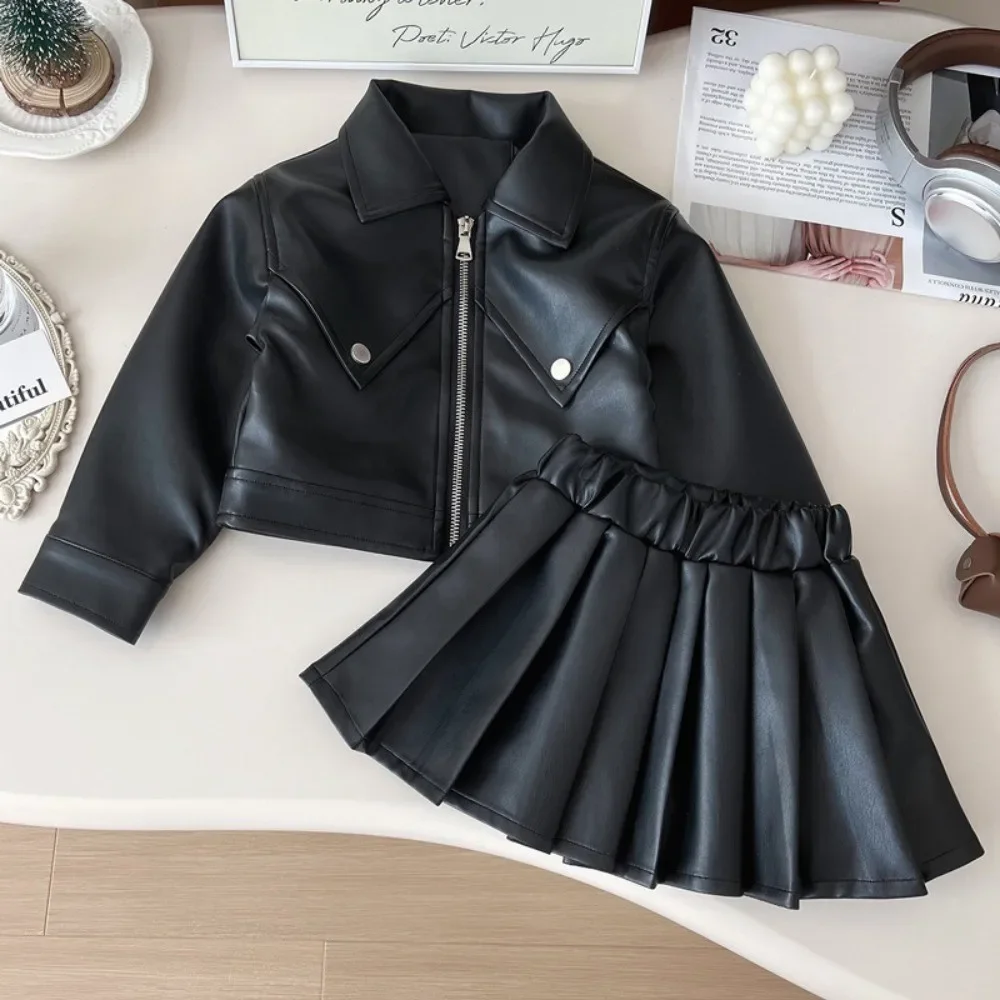 Autumn New Solid Color Girls' Fashion Suit Collar Leather Jacket Zipper Coat+pleated Skirt Two Piece Set Korean Version