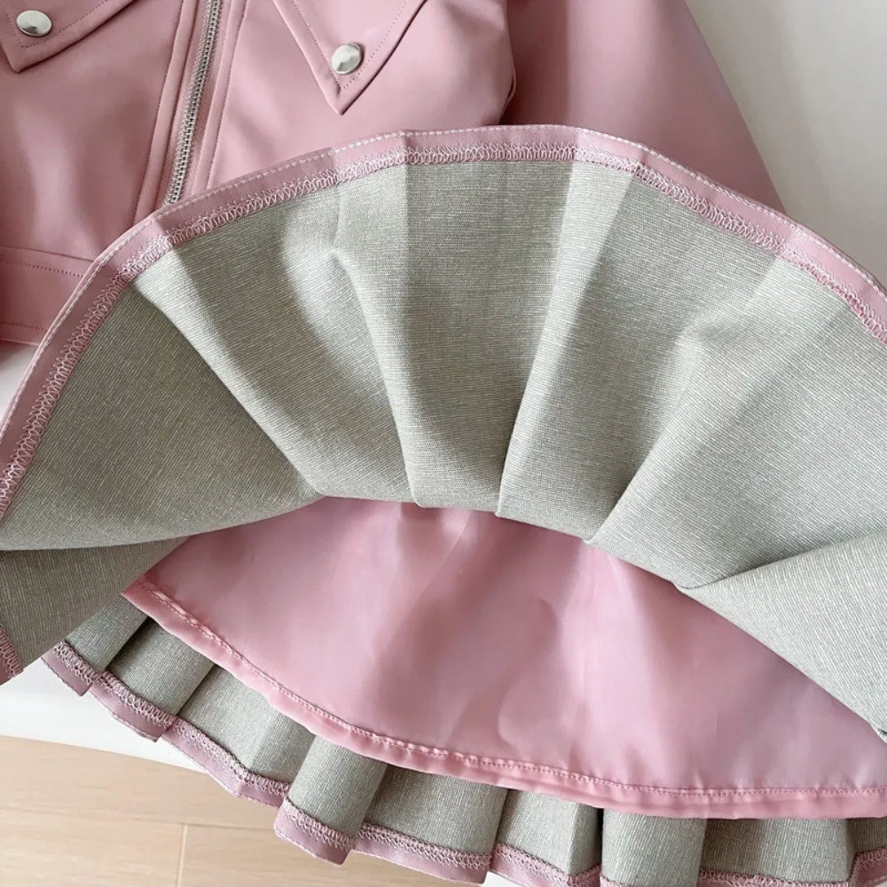 Autumn New Solid Color Girls' Fashion Suit Collar Leather Jacket Zipper Coat+pleated Skirt Two Piece Set Korean Version