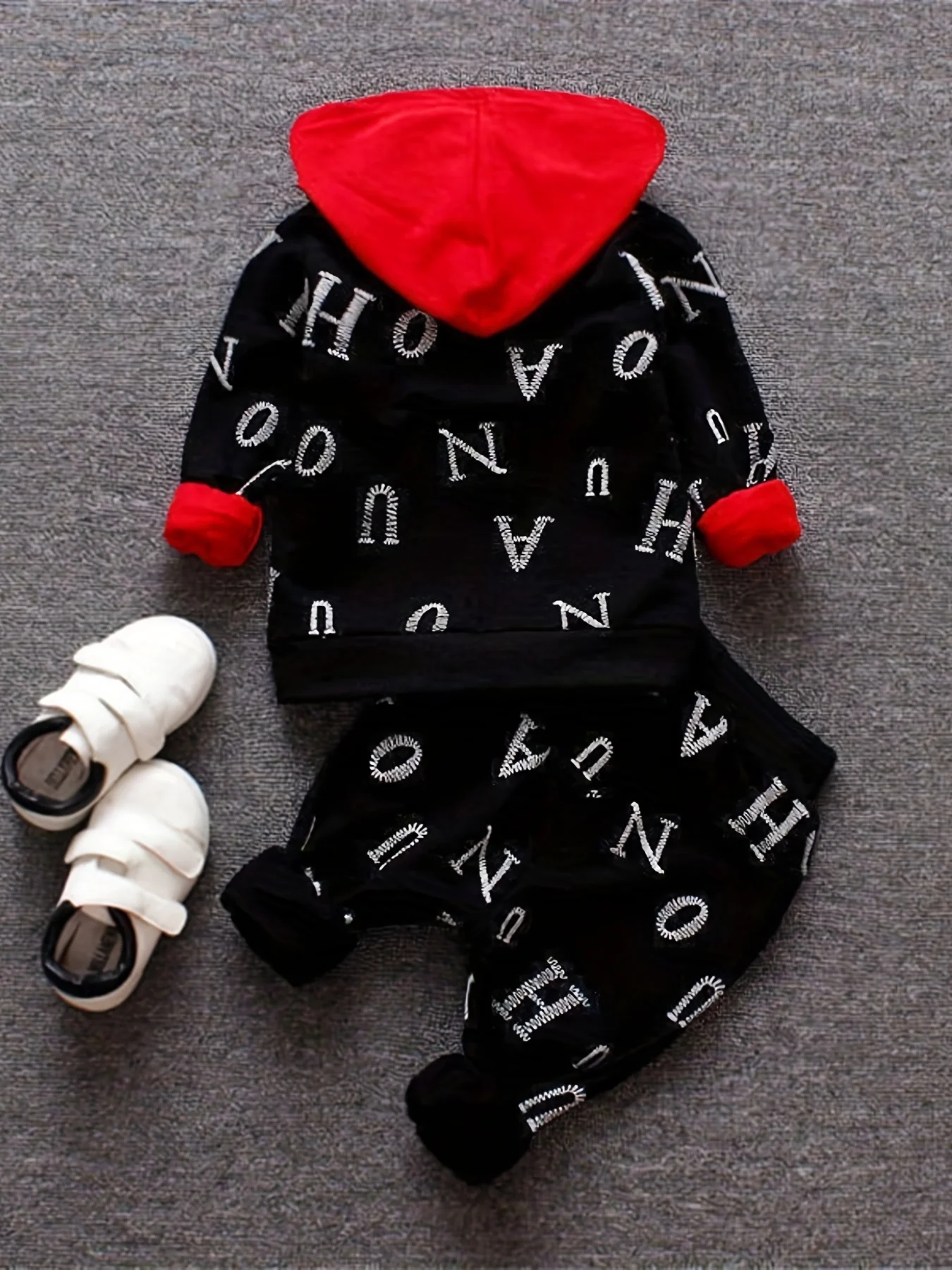 Toddler 3Pcs Letter Print Tracksuit Zip Up Jacket Red Hooded Sweatshirt Elastic Cuffed Jogger Pants Kids Streetwear Outfit Set