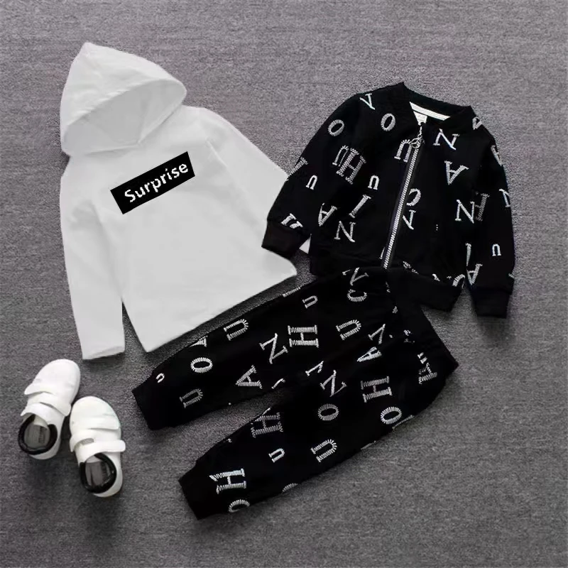 Toddler 3Pcs Letter Print Tracksuit Zip Up Jacket Red Hooded Sweatshirt Elastic Cuffed Jogger Pants Kids Streetwear Outfit Set