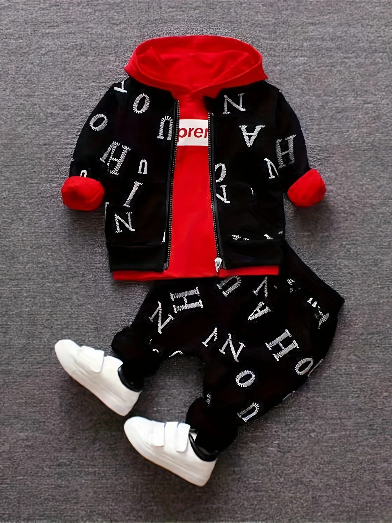 Toddler 3Pcs Letter Print Tracksuit Zip Up Jacket Red Hooded Sweatshirt Elastic Cuffed Jogger Pants Kids Streetwear Outfit Set