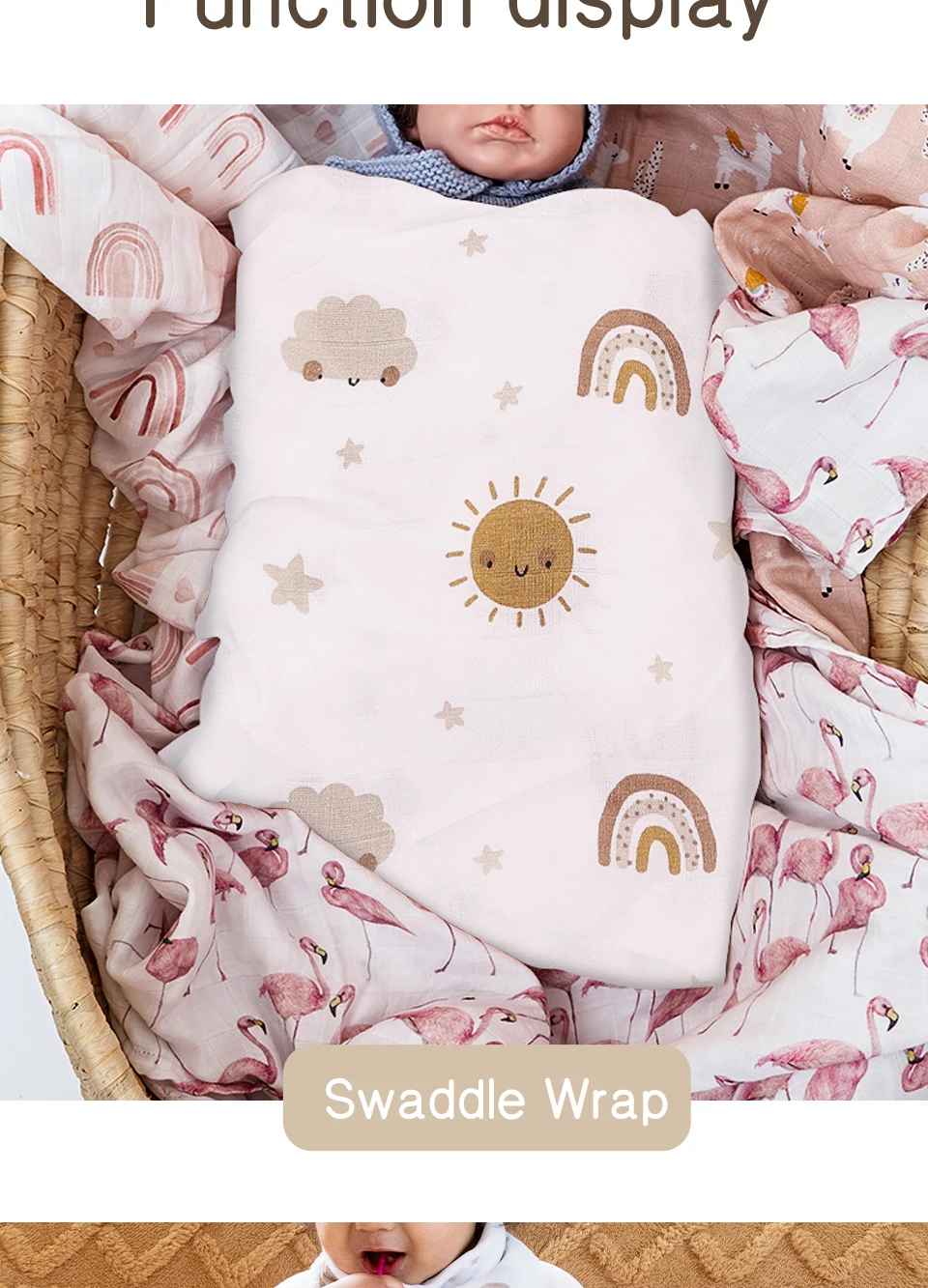 Elinfant 3PCS Bamboo Cotton Muslin Swaddle Blanket Newborn Swaddle Wrap Soft Cozy Nursing Cover Baby Quilt Swaddle Blankets