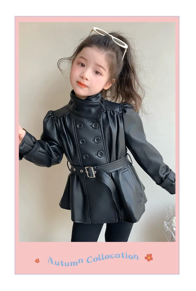 Children Leather Jacket Autumn and Winter 2026 New Fashion Waist Cinched Jacket for Girls Korean Stand Up Collar Jacket Top