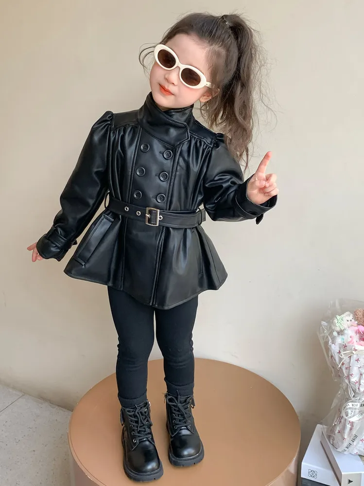 Children Leather Jacket Autumn and Winter 2026 New Fashion Waist Cinched Jacket for Girls Korean Stand Up Collar Jacket Top