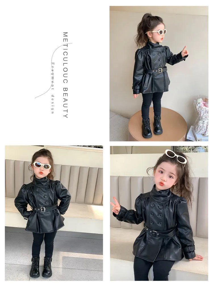 Children Leather Jacket Autumn and Winter 2026 New Fashion Waist Cinched Jacket for Girls Korean Stand Up Collar Jacket Top