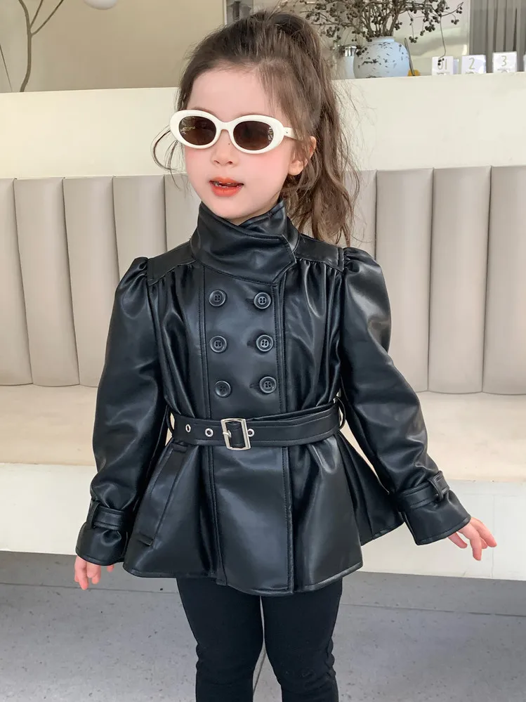 Children Leather Jacket Autumn and Winter 2026 New Fashion Waist Cinched Jacket for Girls Korean Stand Up Collar Jacket Top