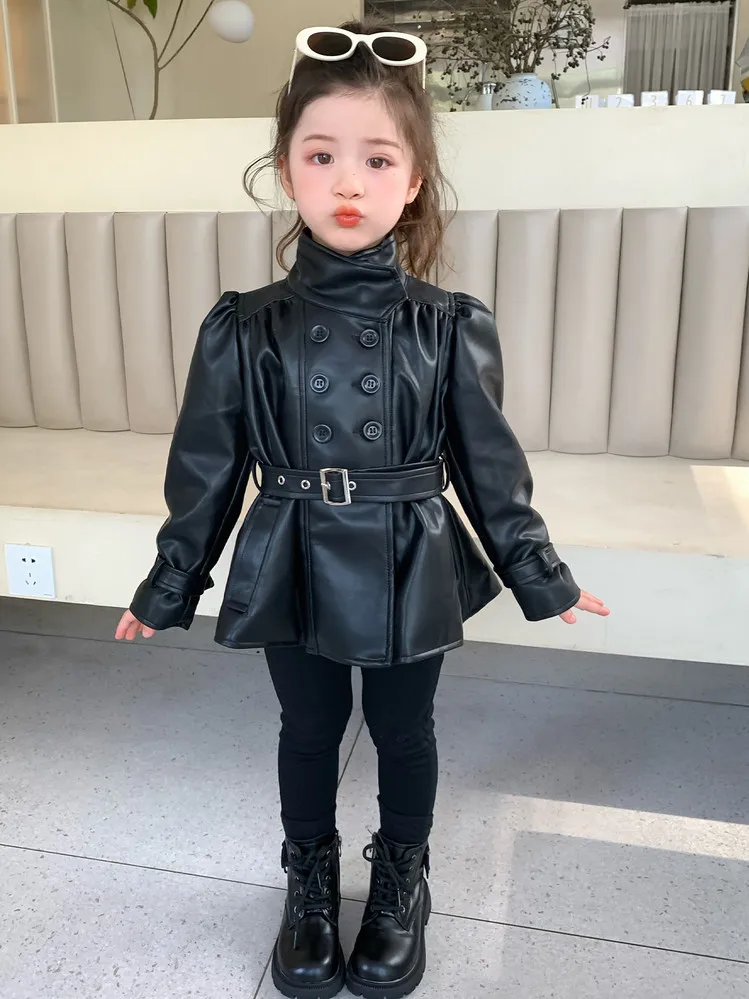 Children Leather Jacket Autumn and Winter 2026 New Fashion Waist Cinched Jacket for Girls Korean Stand Up Collar Jacket Top